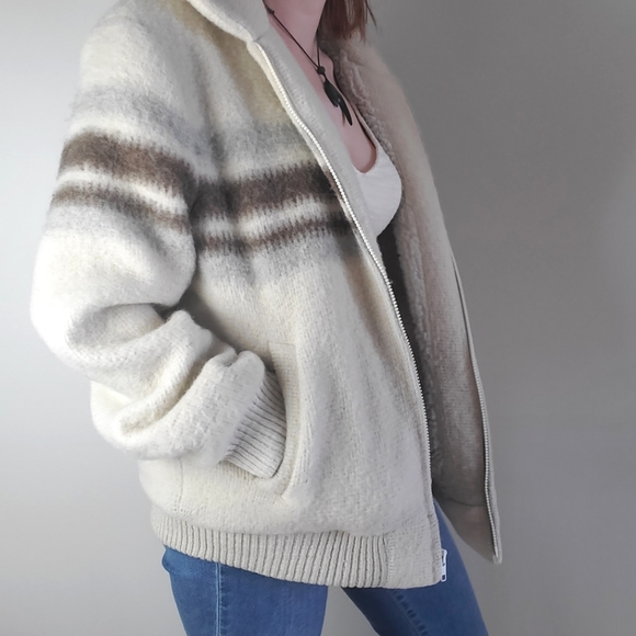 Vintage wool blend zip up striped oversized bomber jacket sherpa lined - Picture 2 of 14